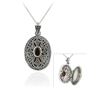 Sterling Silver Filigree Marcasite Genuine Garnet Cross Locket by