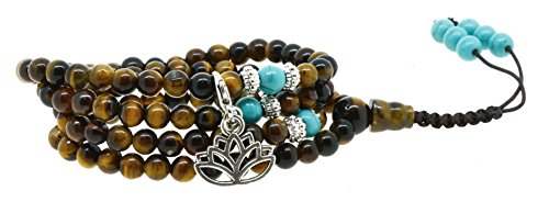 Yoga Meditation Simulated Tiger Eye 108 Prayer Beads Mala Wrap Bracelet or Necklace (Lotus Flower)