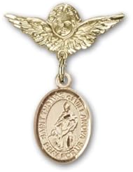 14K Gold Baby Badge with St. Thomas of Villanova Charm and Angel with Wings Badge Pin