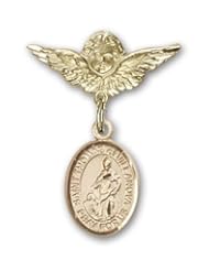 Gold Filled Baby Badge with St. Thomas of Villanova Charm and Angel with Wings Badge Pin