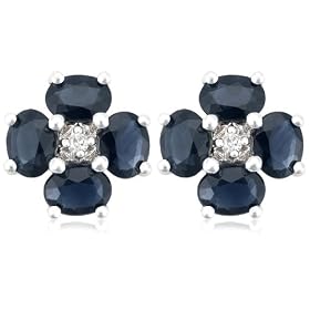 14k White Gold Sapphire Flower Earrings with Diamond-Accent by