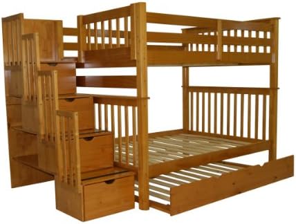 Stairway Bunk Bed Full over Full in Honey with 4 Drawers Built in to the Steps and a Full Trundle
