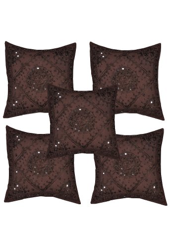 Imagen principal de Cojín de algodón indio cubre con tamaño de trabajo de bordado y del espejo de 16 x 16 pulgadas Juego de 5 piezas