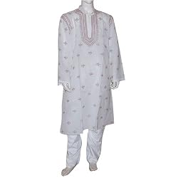 Dad Gift White Cotton Embroidered Kurta Pajama Size L (chgkp049)