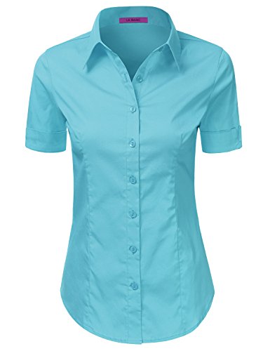 LA BASIC Womens Short Sleeve Button Down Collared Shirts (S-3XL)