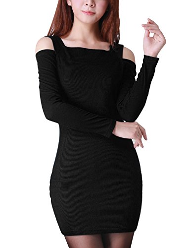 Women Square Neck Long Sleeve Cut Out Shoulder Knit Mini Dresses