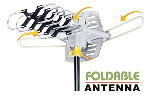 Amplified HD Digital Outdoor HDTV Antenna with Motorized 360 Degree Rotation, UHF/VHF/FM Radio with Infrared Remote Control for 2 TVs -Installation Kit