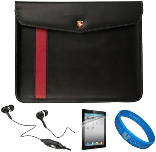 Black Executive Diplomat Leatherware Envelope Carrying Case for Apple iPad 4 / New iPad 3rd Gen / iPad 1 and 2 (16GB 32GB 64GB) compatible with iPad 2 + Clear Anti Gloss Screen Protector + Black Hands-free Headphones + SumacLife Wisdom Courage Wristband