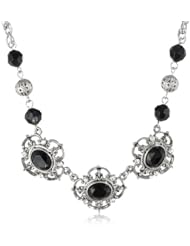 1928 Jewelry "Jet Essentials" Silver-Tone Jet and Crystal Collar Pendant Necklace, 16"
