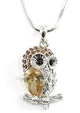 Adorable Brown/Amber Crystal Jeweled Small Owl on Branch Pendant Necklace Silver Tone