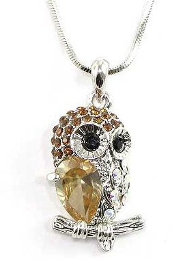 Adorable Brown/Amber Crystal Jeweled Small Owl on Branch Pendant Necklace Silver Tone