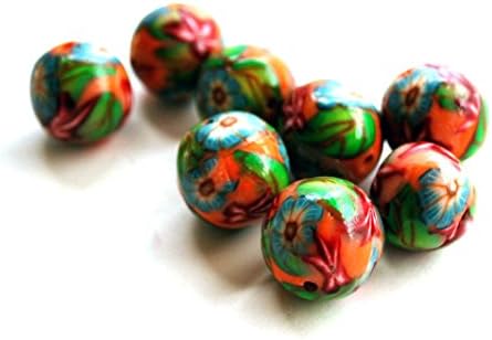 8 Orange and Teal Flower Polymer Clay Beads Handmade 15mm