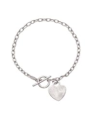 14K 17" White Gold Polish Diamond Cut Oval Chain Link Bracelet With Heart And Toggle Lock