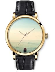 SPRAWL Aanalog Fashion Series Gold Ladies Watches of Genuine Black Leather Strap,Unique Wrist Watch for Women Girls Designed with Boat at sea