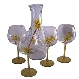 ArtisanStreet's Palm Tree Design Glasses & Carafe 5 Piece Set. Each Piece Features a Palm Tree with Ripe Coconuts. Glass Bases and Stems Match the Green of the Palm Leaves. One of a Kind & Signed by Artisan.