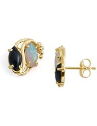 Black Coral Earrings with Opal in 14K Yellow Gold
