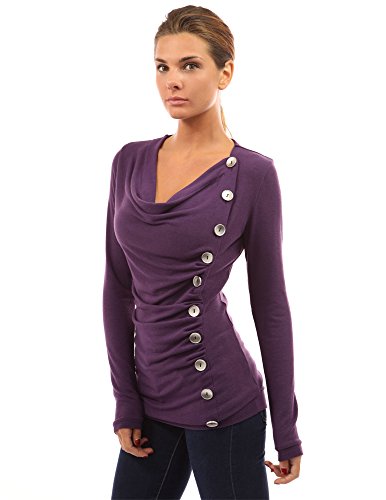 PattyBoutik Women's Cowl Neck Button Embellished Top (Medium Purple M)