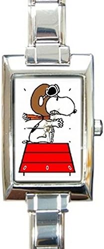 Fighter Pilot Snoopy Rectangular Italian Charm Watch with Stainless Steel 16 Link Wrist Strap Peanuts Charlie Brown