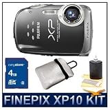Fujifilm XP10 12 MP Digital Point and Shoot Camera (Black), 5X Zoom Lens, 2.7 LCD, Water-Proof, Shock-Proof, Freeze-Proof, HD Video 720p w/Sound, Reversible Neoprene Case, 3pc. Lens Cleaning Kit, 4 GB Memory Card