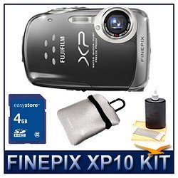 Fujifilm XP10 12 MP Digital Point and Shoot Camera (Black), 5X Zoom Lens, 2.7 LCD, Water-Proof, Shock-Proof, Freeze-Proof, HD Video 720p w/Sound, Reversible Neoprene Case, 3pc. Lens Cleaning Kit, 4 GB Memory Card