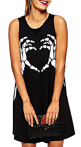 Difyou Women's Punk Style Skull Pattern Print Sundress Black Large