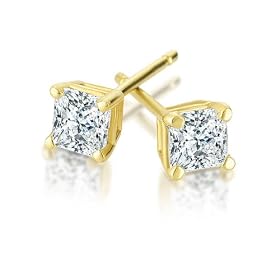 14K YG 1/5ctw Princess cut Diamond 4-Prong Stud Earrings (I-J,I2-I3)