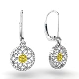 14K White Gold Genuine Round Yellow Diamond Antique Style Earrings