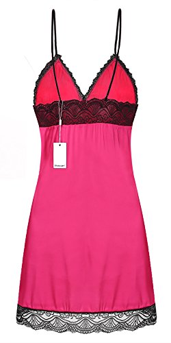 Ekouaer Summer Nightwear Women s Satin Night Gown Lace Nighties,Rosered,Small