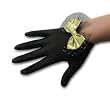 Black Gloves 1-Button 15 Denier Stretch Sparkle Sheer Tricot Shortie with Gold Metallic 2 1/2" Bow on top of a 3 1/2" Tulle Bow with Tiny Gold Dots, cuff ends at the wrist bone.