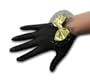 Black Gloves 1-Button 15 Denier Stretch Sparkle Sheer Tricot Shortie with Gold Metallic 2 1/2" Bow on top of a 3 1/2" Tulle Bow with Tiny Gold Dots, cuff ends at the wrist bone.