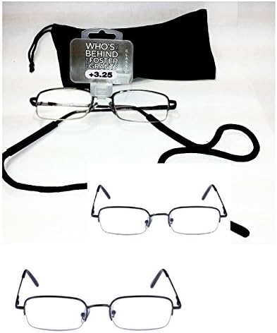 3 Pairs 1.75 Strength Foster Grant Unisex Classic Semi Rimless Glasses with Global Vision Eyeglass Strap and Soft Microfiber Case
