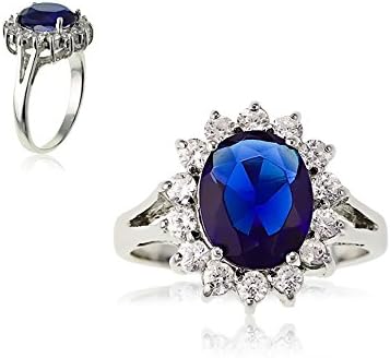Princess Diana Replica Sterling Silver Oval Blue Sapphire Cubic Zirconia Engagement Ring