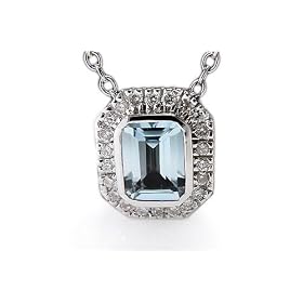 14K White Gold 16 Cable-Chain Emerald-Shape Aquamarine Color-Stone Necklace,... by