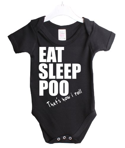 Eat sleep poo thats how i roll funny babygrow babysuit - black vest white print - 3-6 Months - jbg118