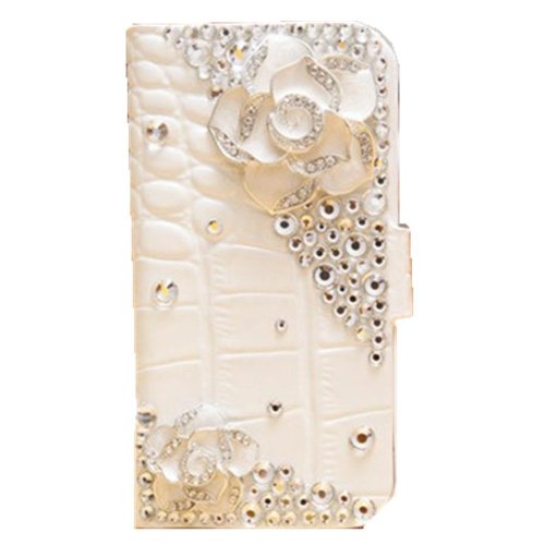 EVTECH(TM) Crocodile Leather Case Series Rhinestone Flower Pearl Diamond Design Sparkle Glitter Leather Wallet Type Magnet Flip Case Cover for Apple Iphone 4/4s