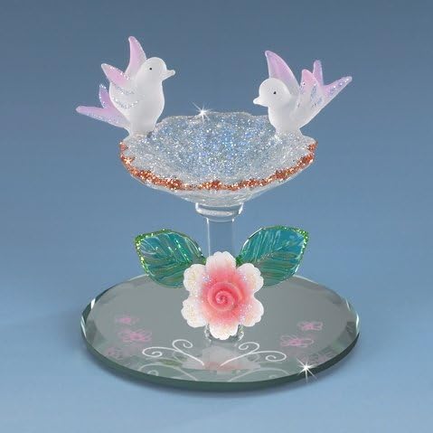 (DC) Collectible Birdie Bird Bath Crystal Miniature Figurine Porcelain Flower Glitter Air Brush 22k Gold Accents