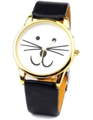 Imixlot Womens and Mens Cute Cat Cartoon Pattern Quartz Round Faux Leather Black Strap Wrist Watch Lady Gir Female Women