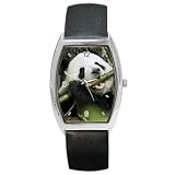 Barrel Style Metal Watch of Panda Bear Playing Bamboo Flute