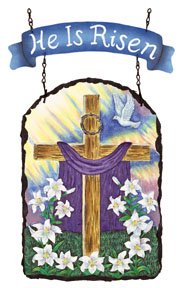 HANGING PLAQUES WITH HE IS RISEN CROSS YARD ART PLAQUE GARDEN