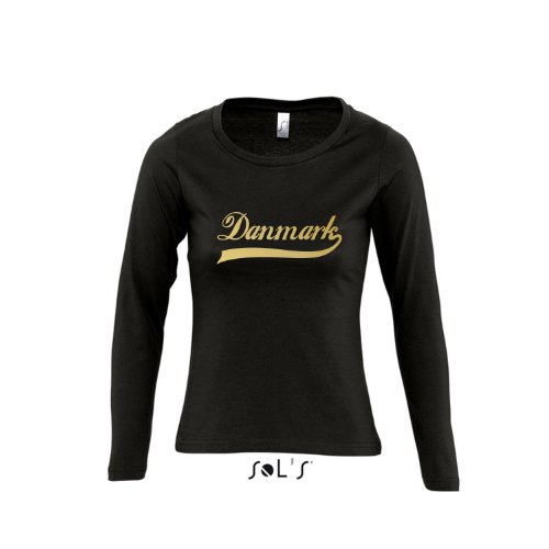 Dänemark Oldschool Danmark LÄNDERSHIRT EM / WM FAN Trikot – Damen Langarm Longsleeve T-Shirt S-XL , Deep black – gold , XL