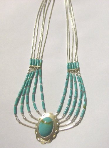 Click here to buy Native American Nacklace Sterling Silver liquid Silver beads 4 strands of Turquoise, Malachite by Roger Enterprises.