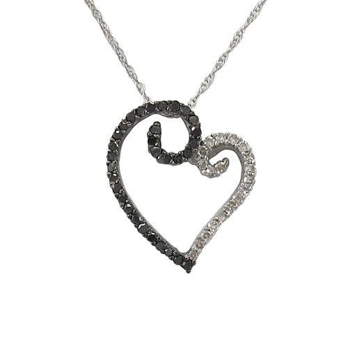 10K White Gold Black and White Diamond Open Heart Pendant (1/4 cttw), 18\