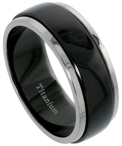 Titanium 5/16 (8mm) Wedding Band Ring w/ Black Plated Spinner (Available in Sizes 7 to14.5)