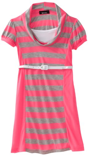 Amy Byer Girls 7-16 Neon Stripe Cowl Neck Belted Dress, Pink, 12