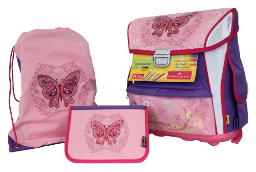 Idena 250185 - Schulranzenset Butterfly 3- teilig, Federmappe mit Faber Castell F&uuml;llung, Sportbeutel