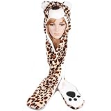 Leopard Hood Plush Animal Hat with Long Black Mittens