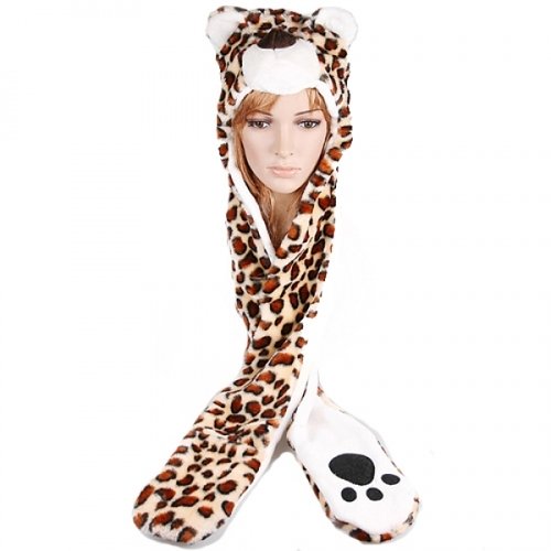 Leopard Hood Plush Animal Hat with Long Black Mittens