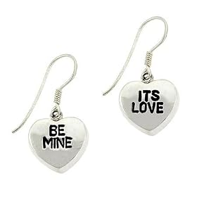 Valentine's Day Sterling Silver .925 'It's Love' and 'Be Mine' Puffed Heart Dangle Earrings