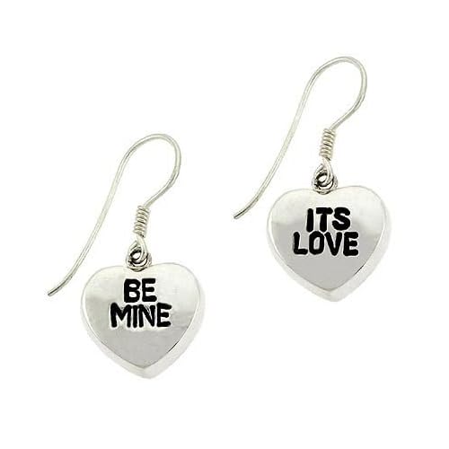 Valentine's Day Sterling Silver .925 'It's Love' and 'Be Mine' Puffed Heart Dangle Earrings