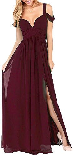 AnKang Elegant Floor Length Chiffon Bridesmaid Side Slit Formal Prom Evening Dresses (2, Burgundy)